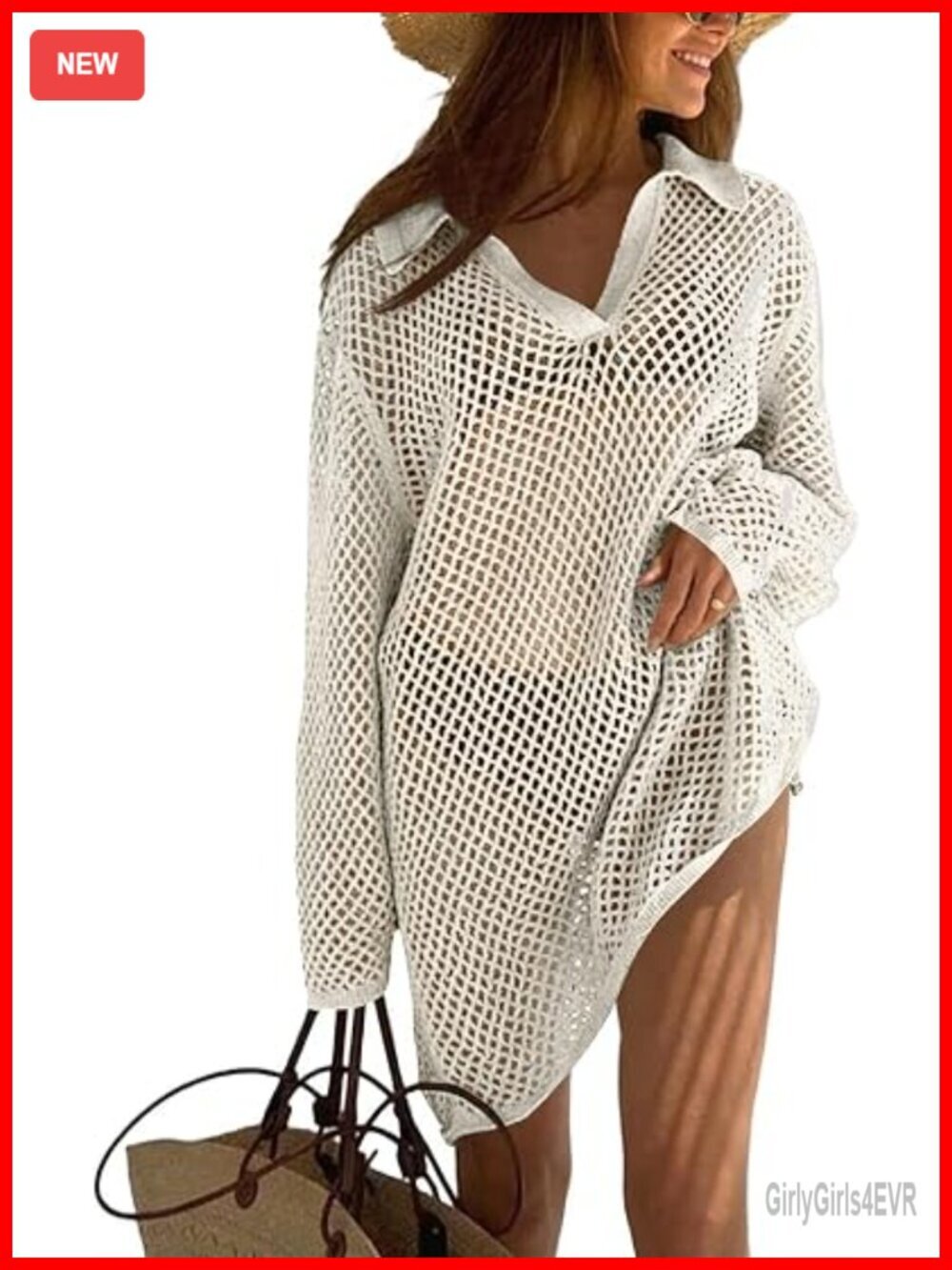 Crochet Swim Coverup Tunic Long Sleeve Beach Vacation Outfit Sheer